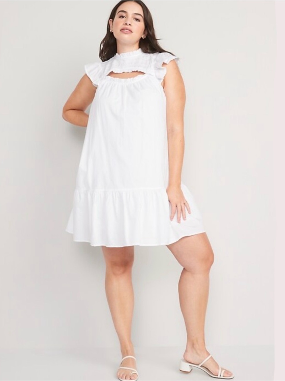 4X Womens White Flutter Sleeve Cotton Poplin Smocked old navy Mini Swing Dress